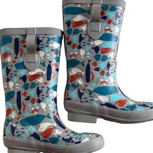 L.L.Bean Kids Wellie Pull-On Rain Boots Gray Blue Red Ocean Fish Whale Size 13